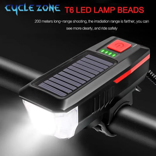 Rechargeable Bike Headlight with Horn — Solar & USB MTB Road Cycling Light Set