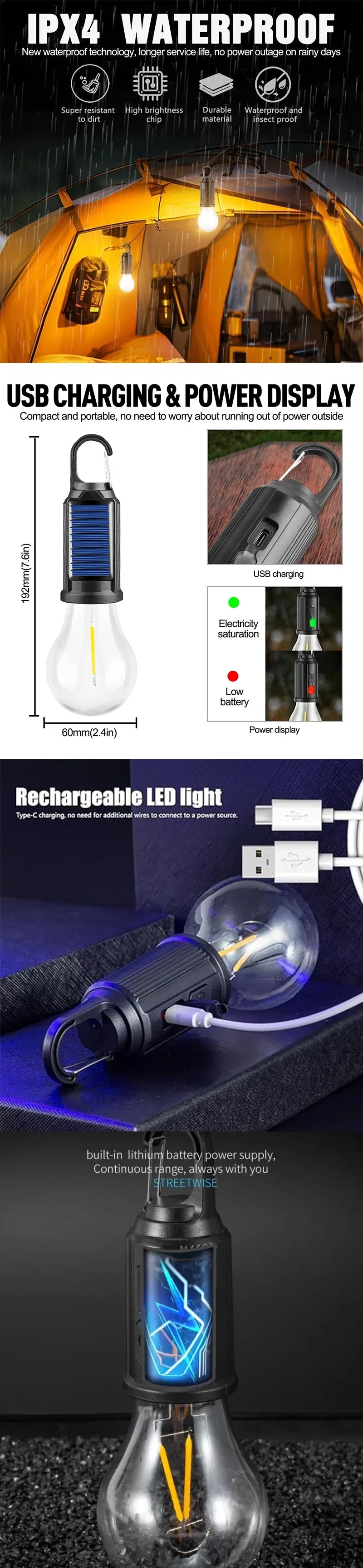 Solar LED Camping Bulb — USB Rechargeable Waterproof Portable Light for Tents & Fishing