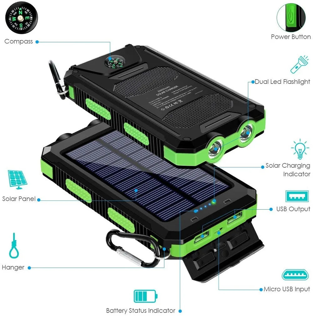 Solar Power Bank 80000mAh | Solar Panel, LED Flashlight & Compass