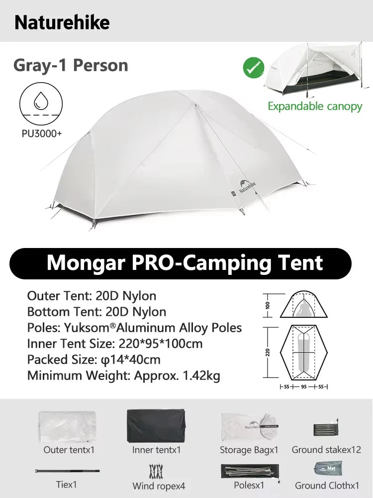 Naturehike Mongar 2 UL/PRO Tent | Ultralight 15D Backpacking 1-2 Person