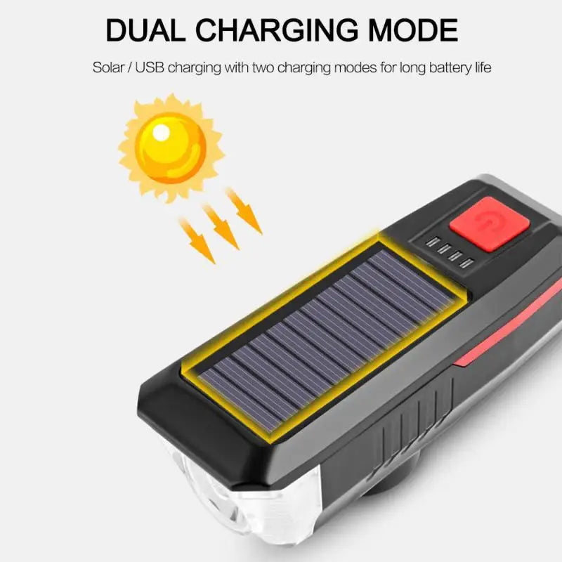 Rechargeable Bike Headlight with Horn — Solar & USB MTB Road Cycling Light Set