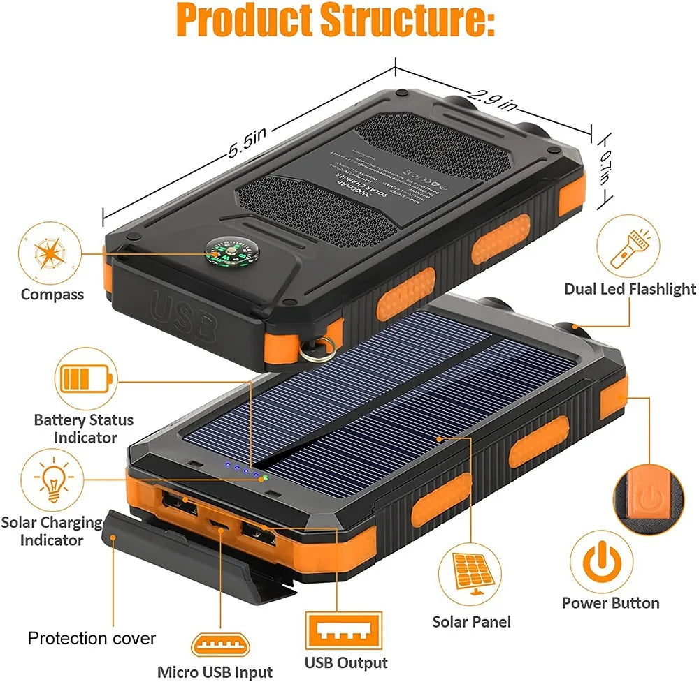 Solar Power Bank 80000mAh | Solar Panel, LED Flashlight & Compass