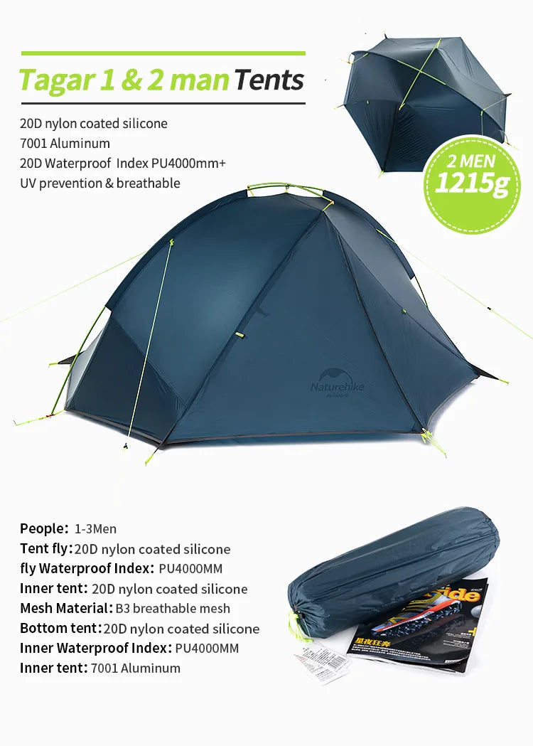 Naturehike Tagar Ultralight Hiking Tent Outdoor Summer Lightweight Camping Rainproof 1-2 Person Tent
