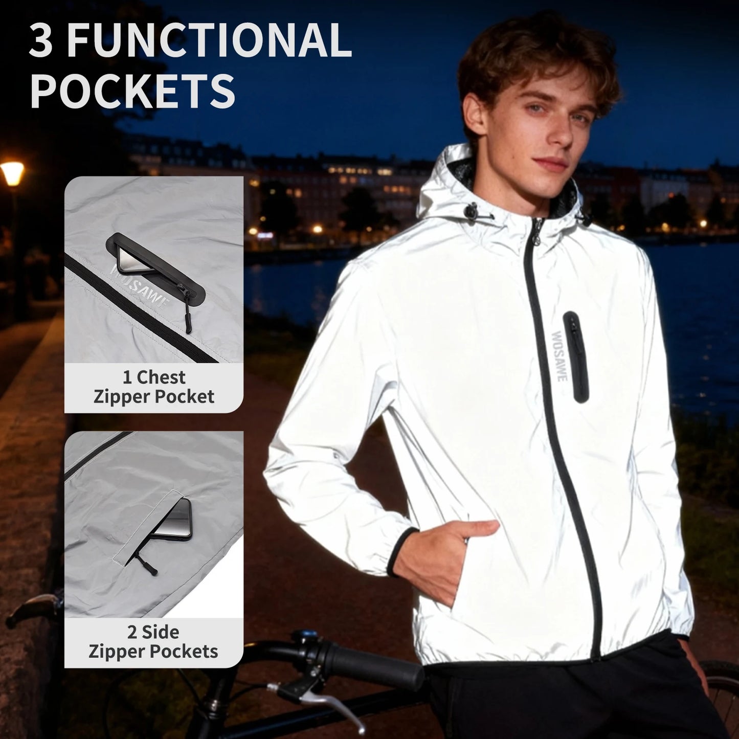 WOSAWE Men's Fully Reflective Jacket Outdoor Lightweight Windbreaker MTB Bike Hooded Rain Jacket Running Fishing Cycling Coat