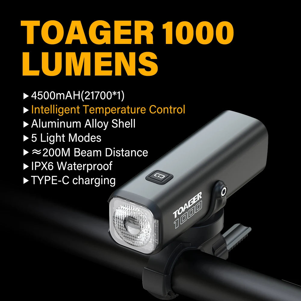 TOAGER 1000LM Bike Light Front Lamp Type C Rechargeable LED 21700 4500mAh Bicycle Light IPX6 Bicycle headlights Bike Accessories