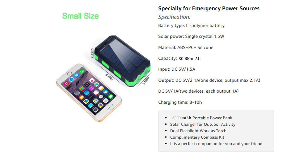 Solar Power Bank 80000mAh | Solar Panel, LED Flashlight & Compass