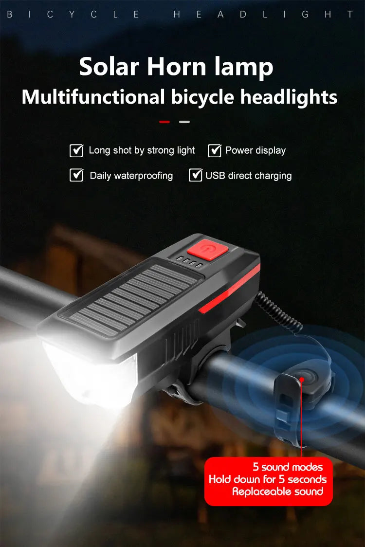 Rechargeable Bike Headlight with Horn — Solar & USB MTB Road Cycling Light Set