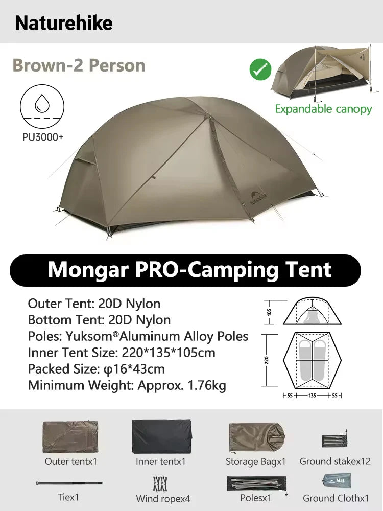 Naturehike Mongar 2 UL/PRO Tent | Ultralight 15D Backpacking 1-2 Person