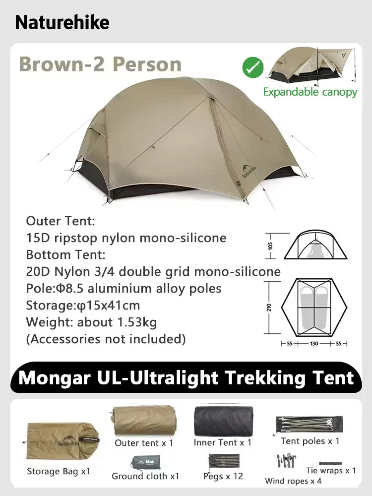 Naturehike Mongar 2 UL/PRO Tent | Ultralight 15D Backpacking 1-2 Person