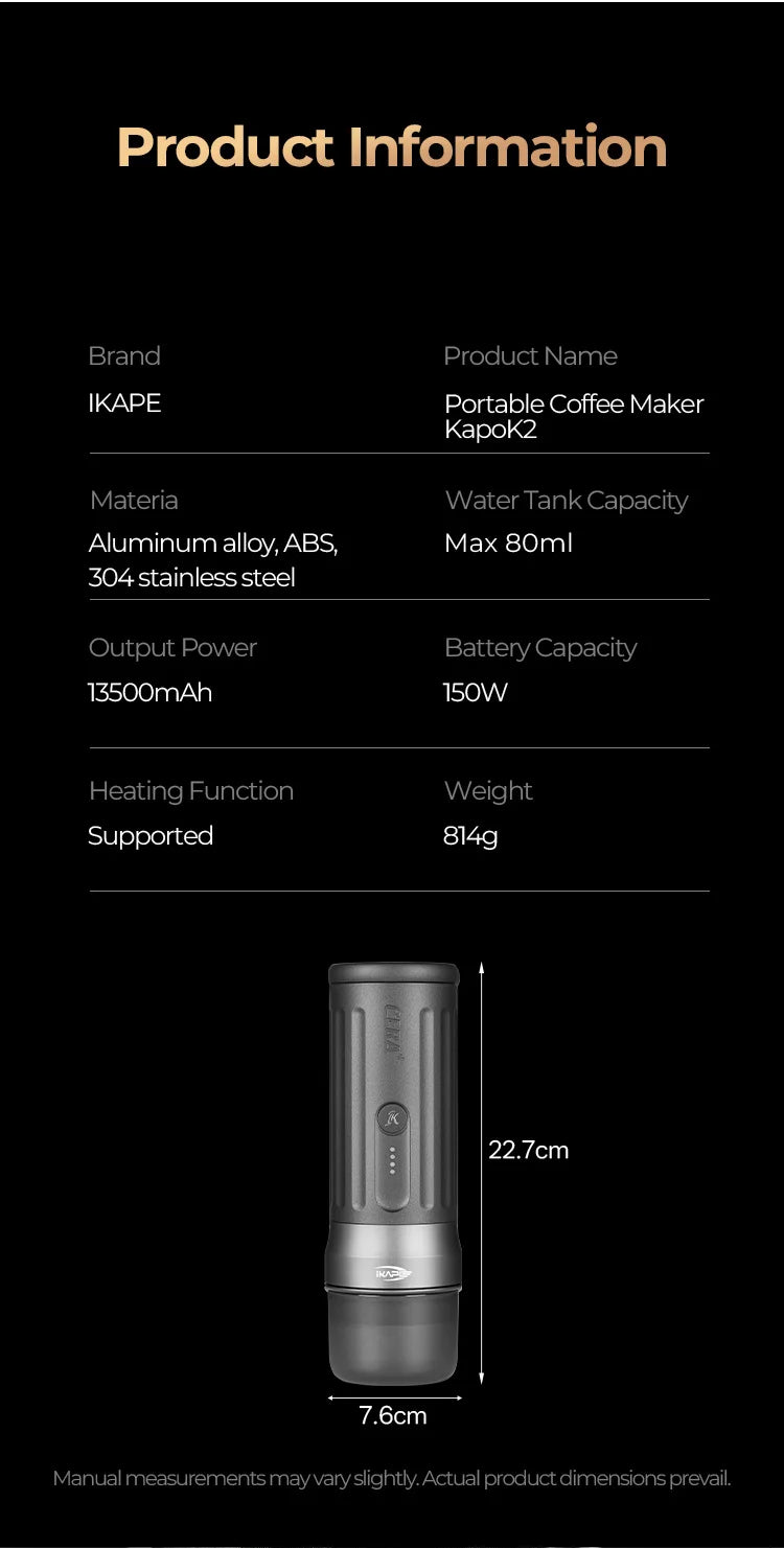 IKAPE Kapo K2 Portable Espresso Machine — Bluetooth, Timer, 51/58mm Bottomless Portafilter