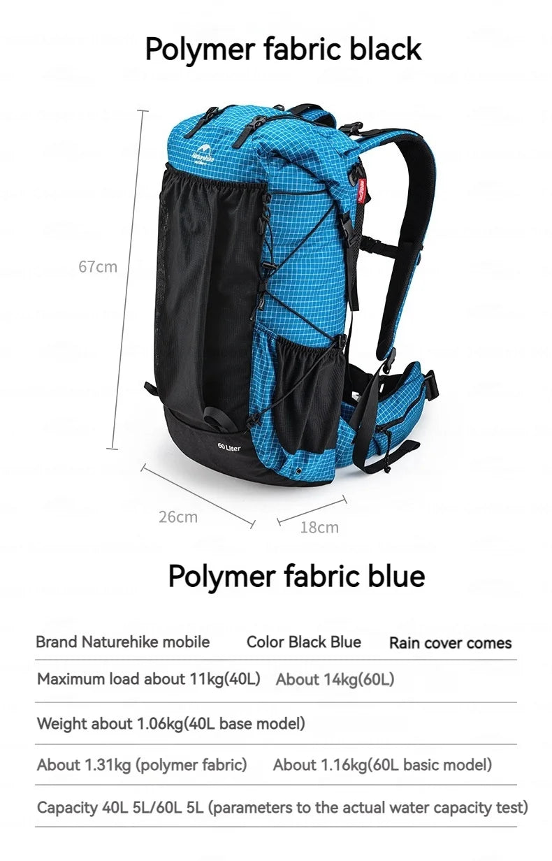 Naturehike Rock Series Hiking Backpack | 40L / 60L, Rain Cover, 420D Nylon