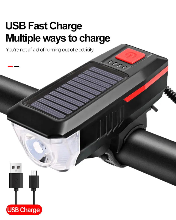 Rechargeable Bike Headlight with Horn — Solar & USB MTB Road Cycling Light Set