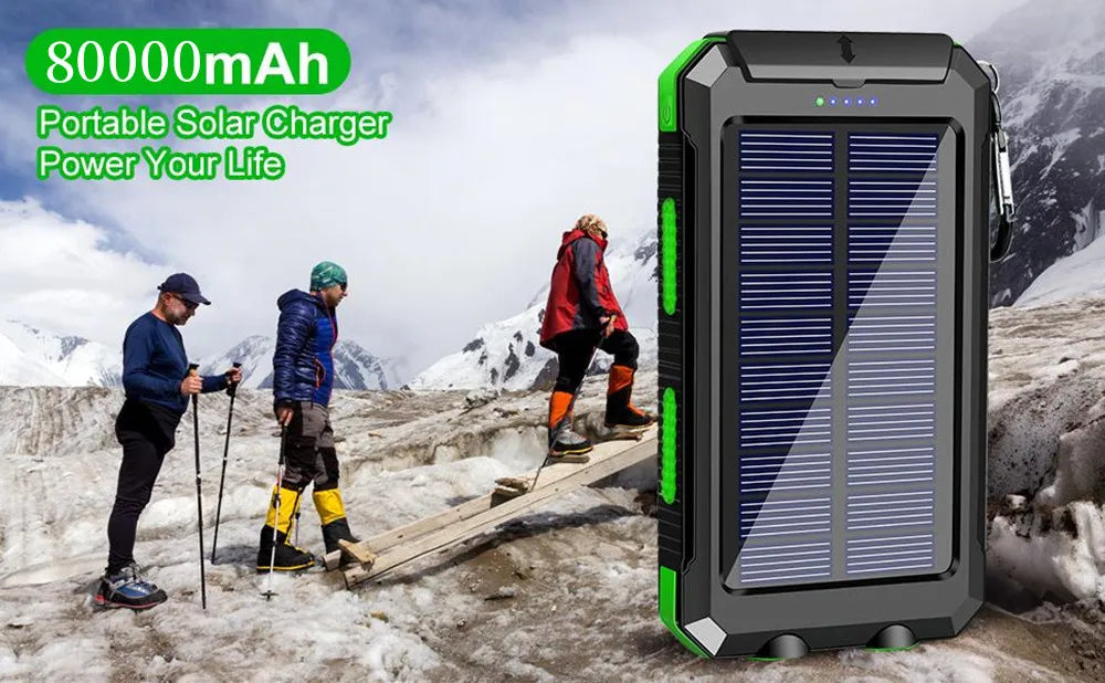 Solar Power Bank 80000mAh | Solar Panel, LED Flashlight & Compass