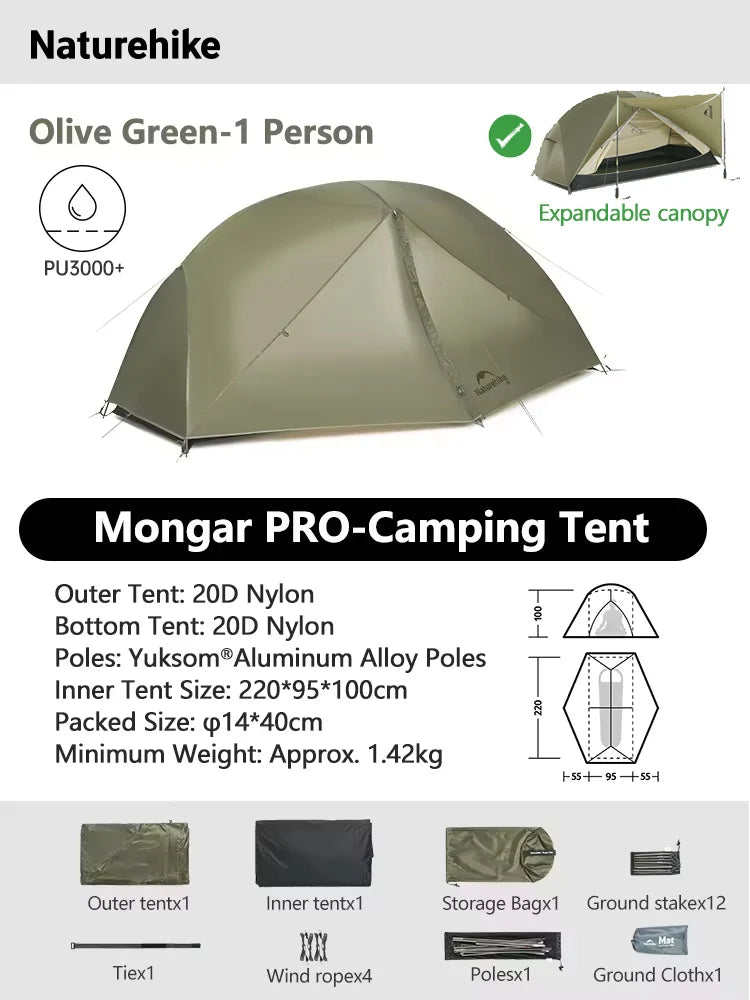Naturehike Mongar 2 UL/PRO Tent | Ultralight 15D Backpacking 1-2 Person