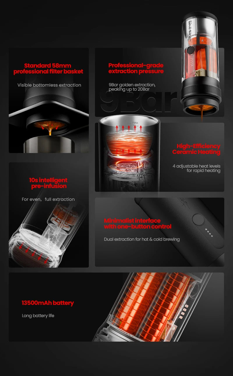 MHW-3BOMBER X-Press58 Portable Espresso Machine — USB Electric, 58mm, Travel & Camping Coffee Maker
