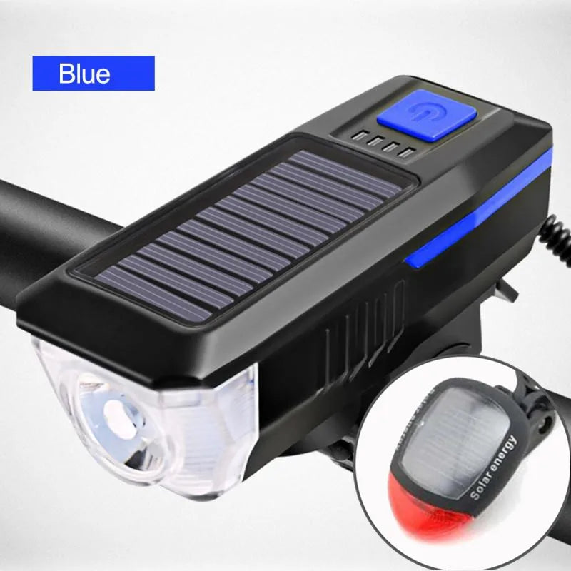 Rechargeable Bike Headlight with Horn — Solar & USB MTB Road Cycling Light Set
