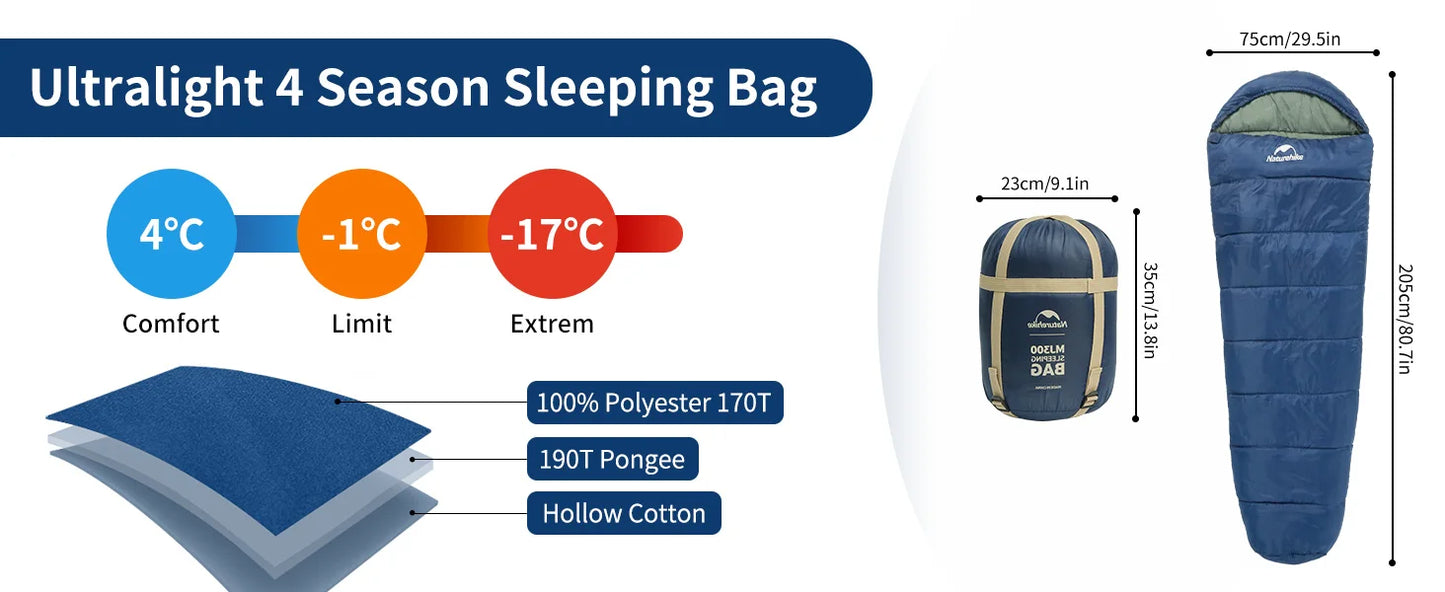Naturehike Mummy Sleeping Bag | Winter Rated -12°C Lightweight MJ300/MJ600