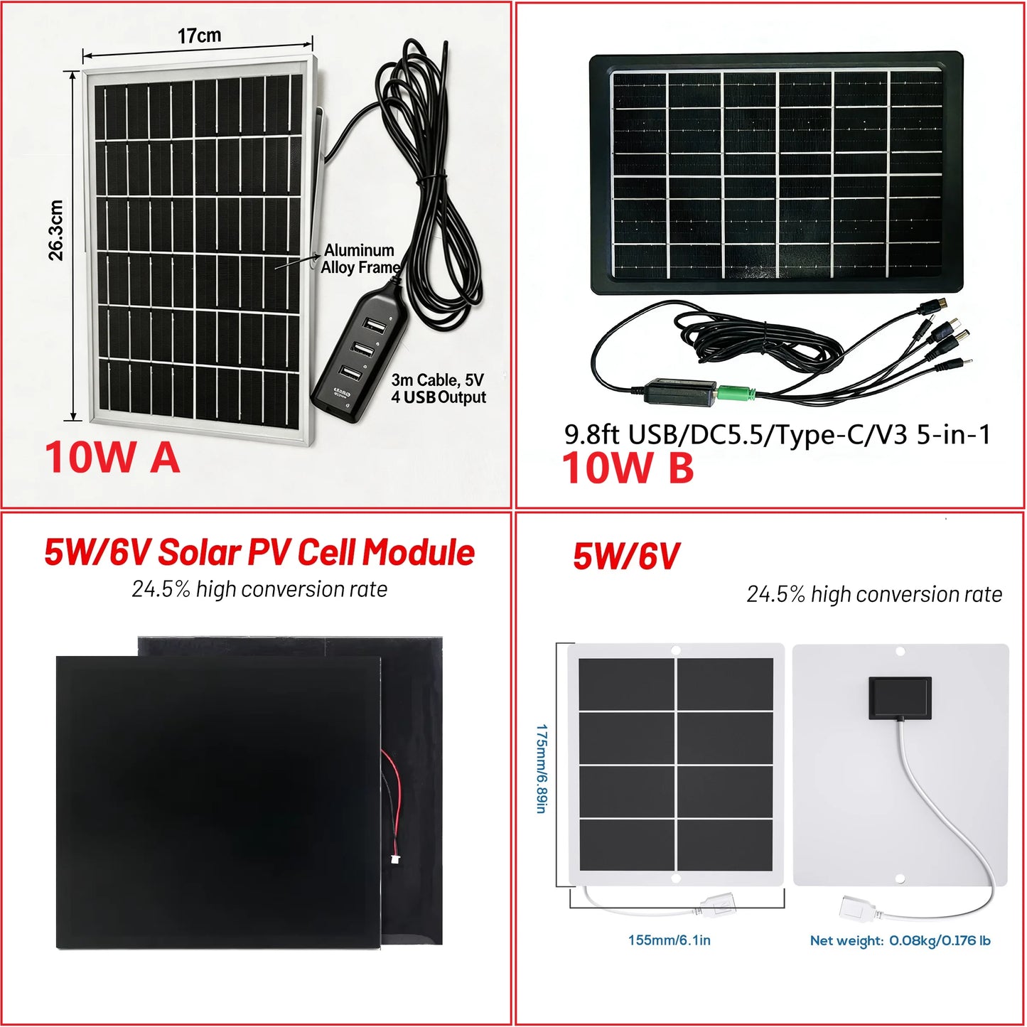 10W 5V Solar Battery Charger For Security Camera Portable Solar Power Panel With Micro USB Type-C Output Solar Panel Charger Kit