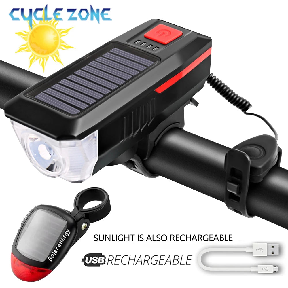 Rechargeable Bike Headlight with Horn — Solar & USB MTB Road Cycling Light Set