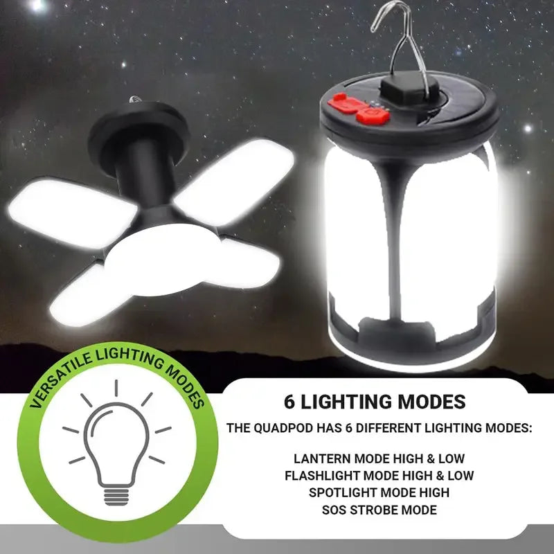 4-Leaf Solar Camping Lantern — Foldable Rechargeable Warm Tent Light & Emergency Torch