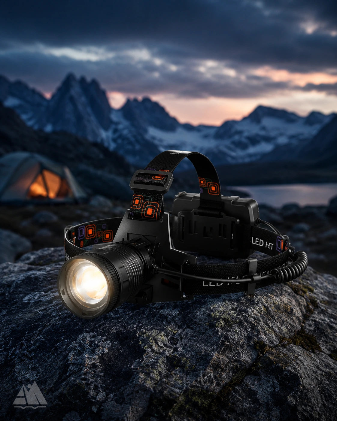 LED headlamp glowing on a rock with mountain campsite at dusk in background