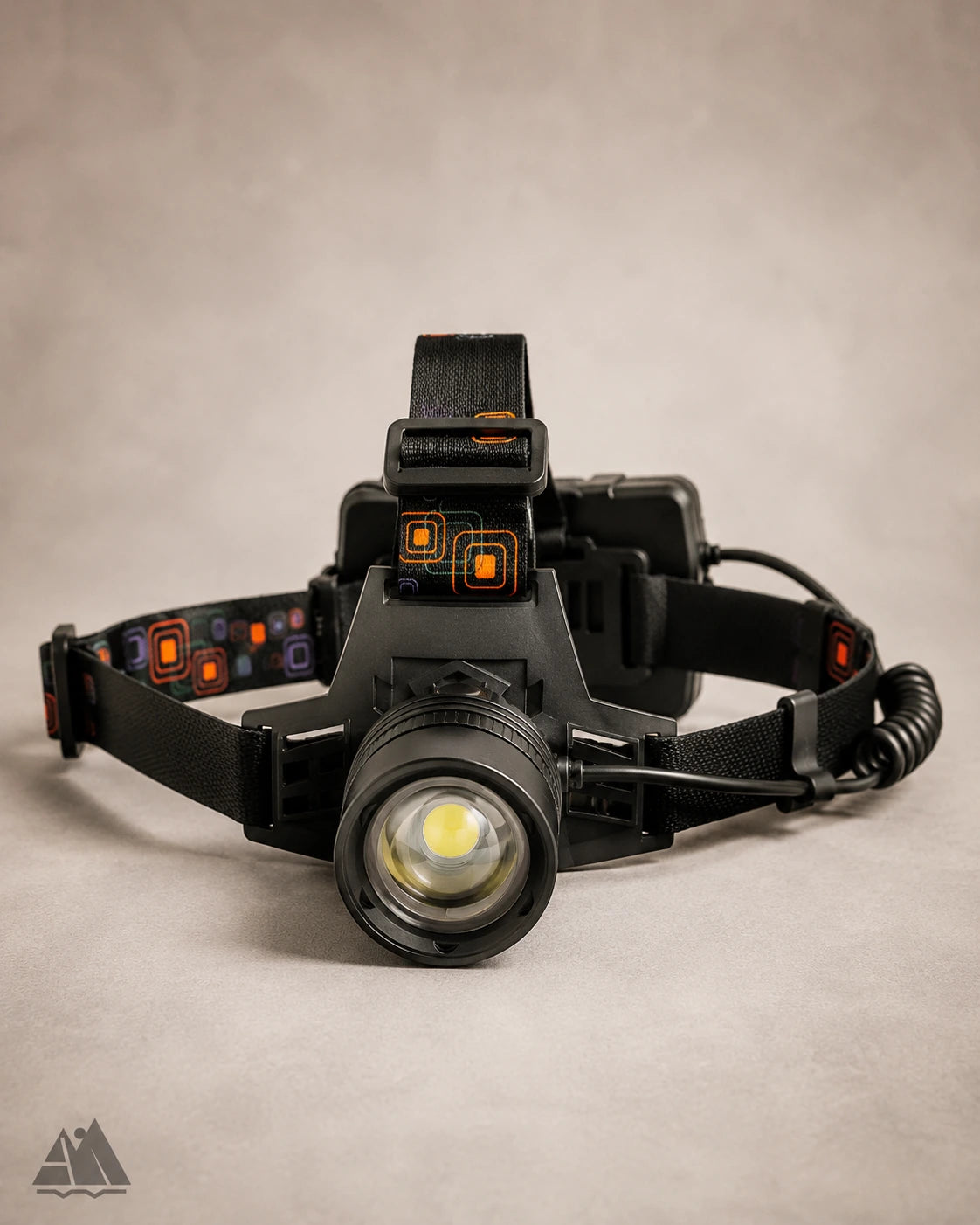 Arwe LED headlamp front view with adjustable strap and rear battery pack