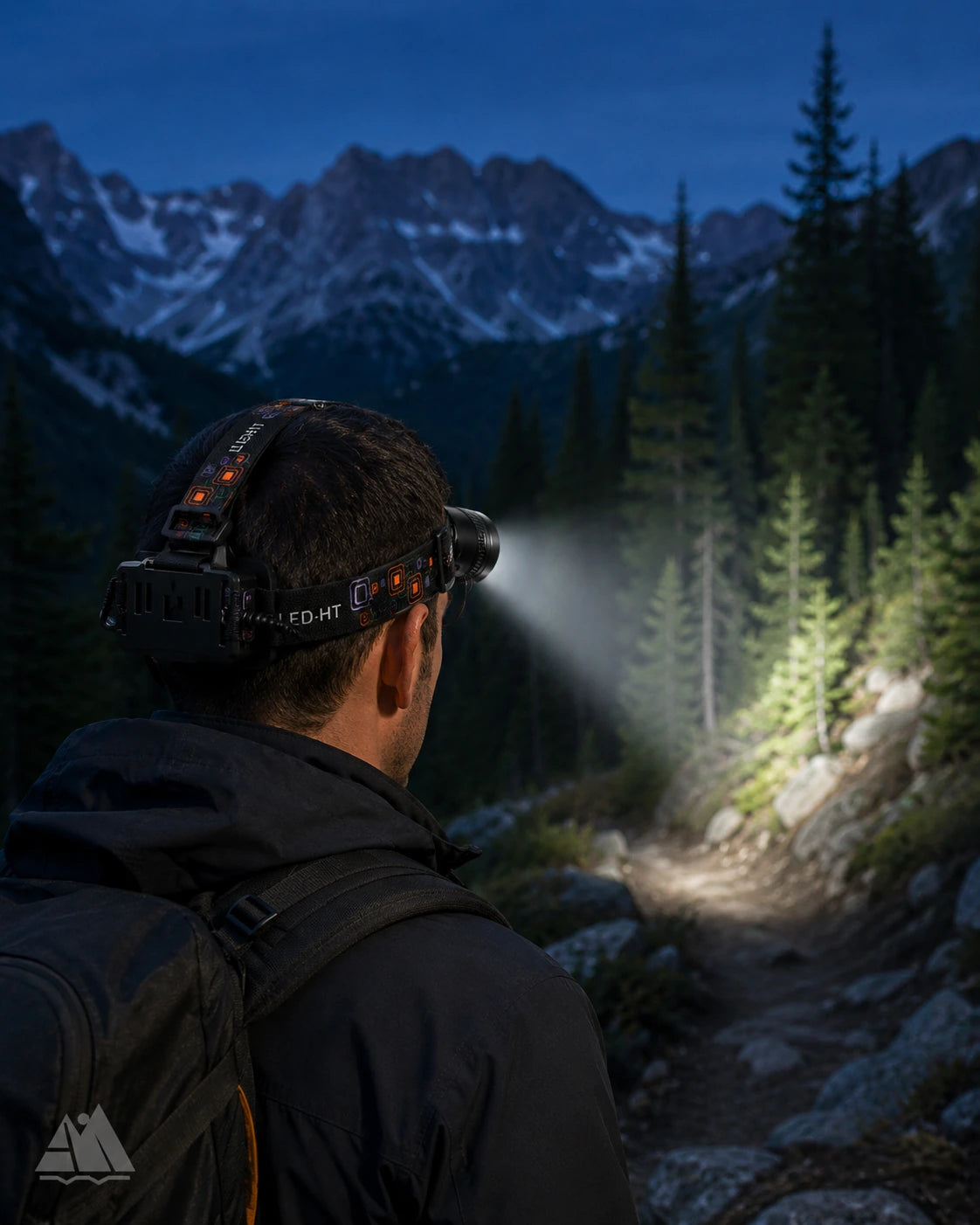 Hiker wearing LED headlamp lighting a mountain trail at dusk