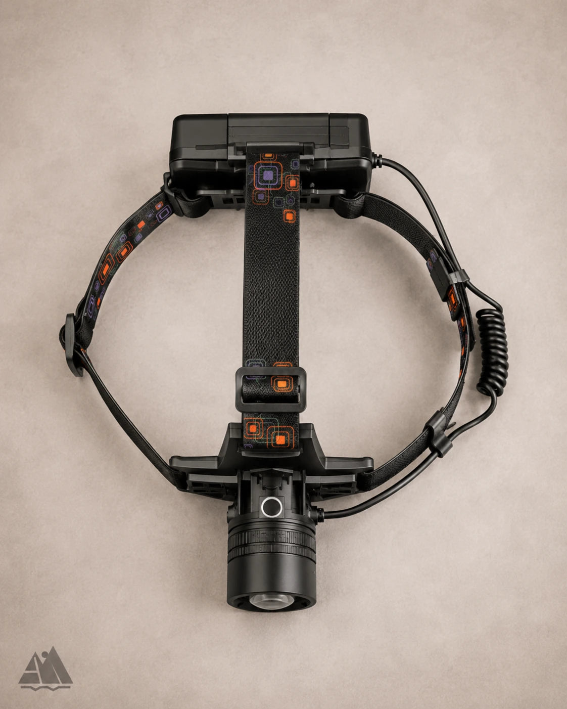 Top-down view of LED headlamp and strap assembly laid flat
