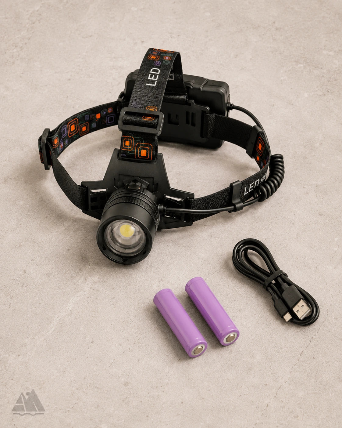 LED headlamp with included rechargeable batteries and USB charging cable