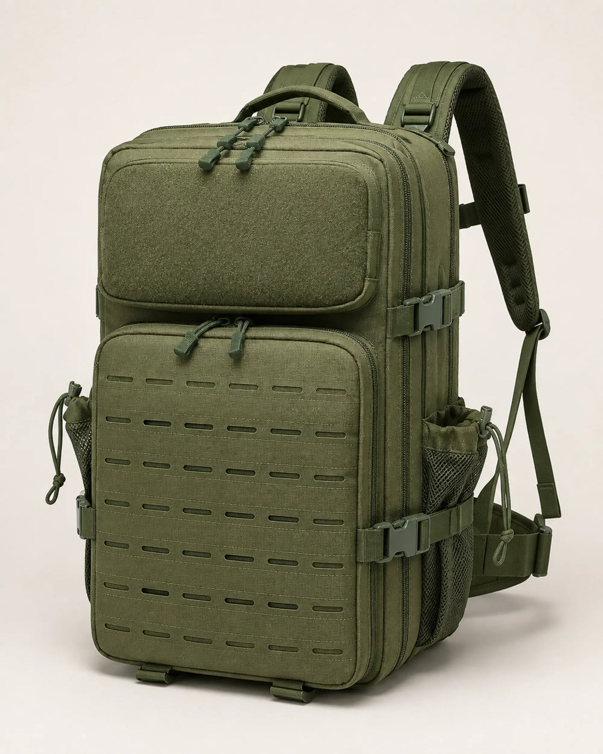Army green tactical backpack viewed from the front left with laser-cut MOLLE panel