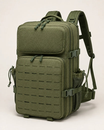 Army green tactical backpack viewed from the front left with laser-cut MOLLE panel