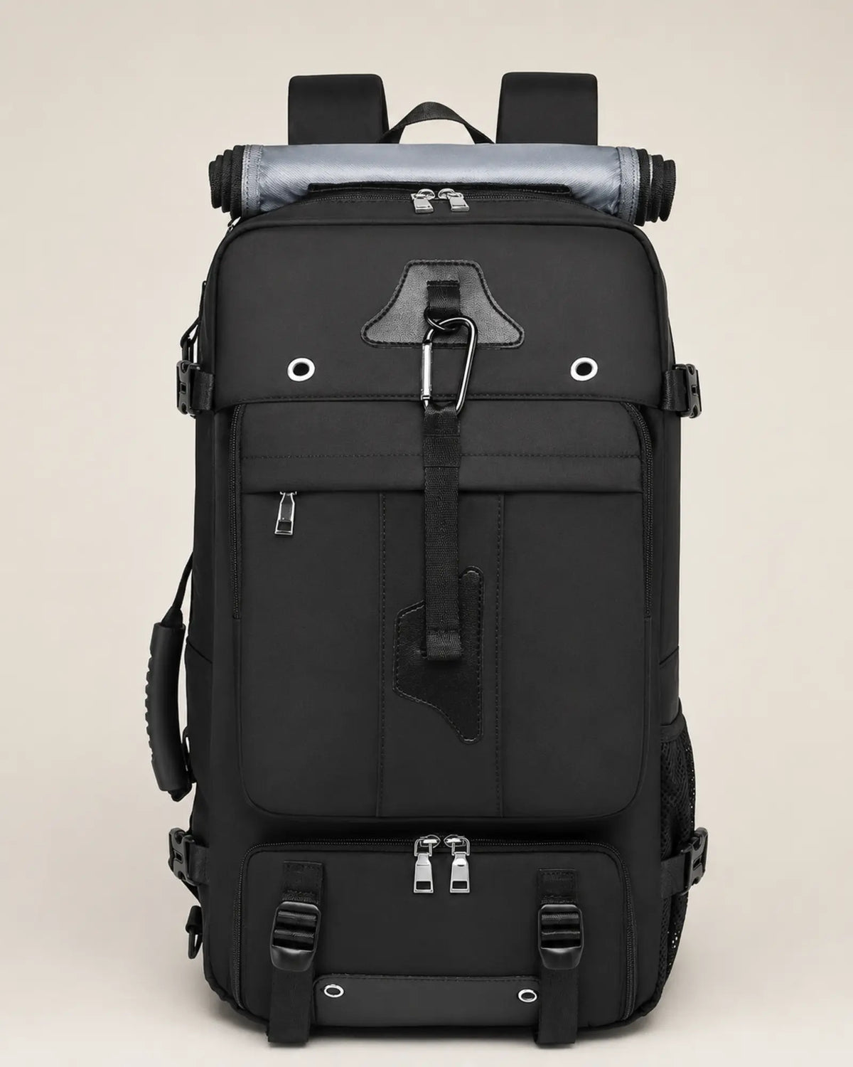 Black 55L expandable travel backpack, front view with top carry handle