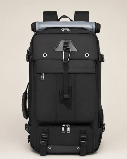 Black 55L expandable travel backpack, front view with top carry handle