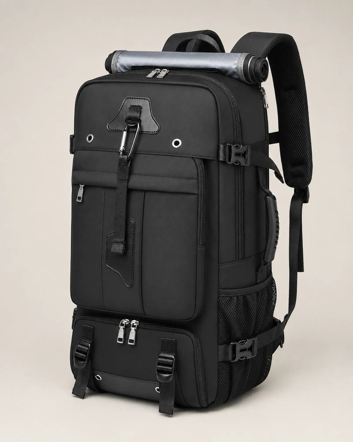 Black travel backpack, right three-quarter view with mesh water bottle pocket