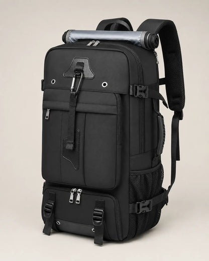 Black travel backpack, right three-quarter view with mesh water bottle pocket