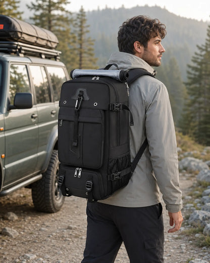 Black 55L travel backpack resting at an outdoor trailhead