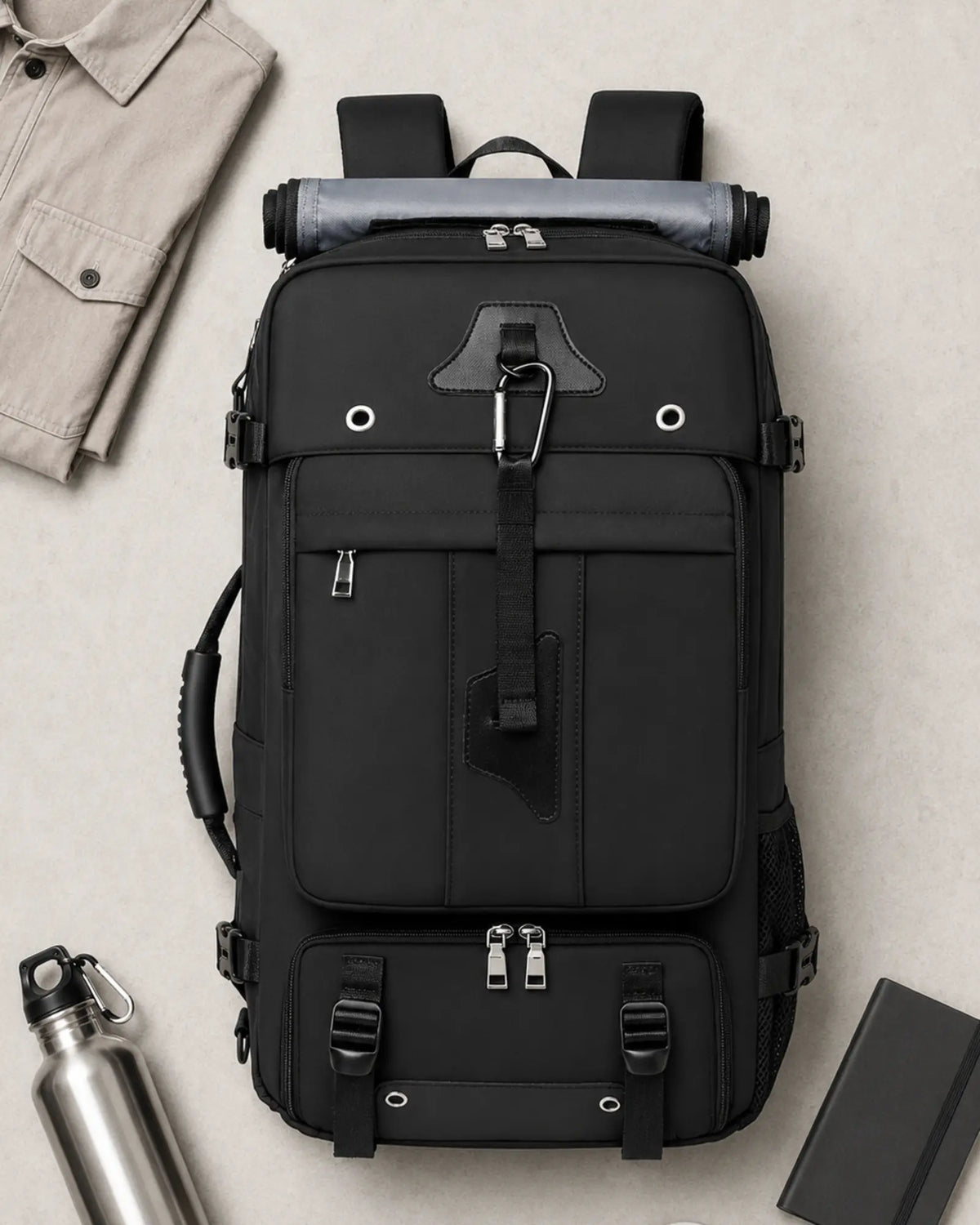 Black travel backpack in a flat lay with travel and hiking essentials