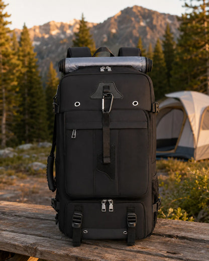 Black expandable travel backpack at an outdoor campsite