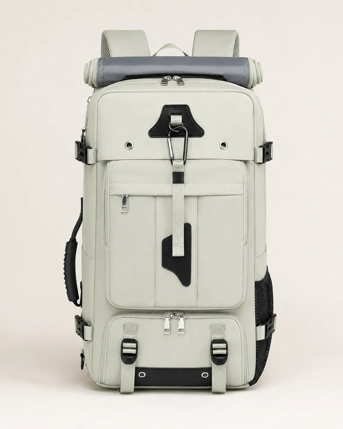 Green 55L expandable travel backpack, front view with top carry handle