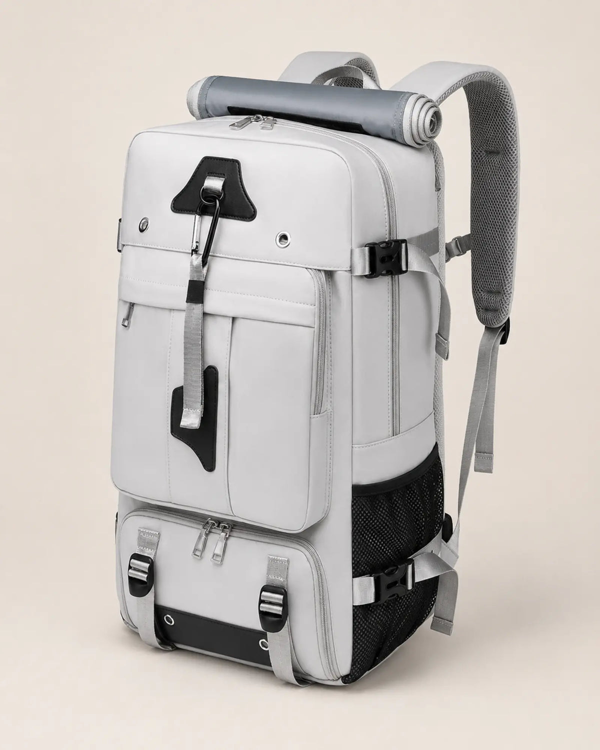 Grey travel backpack, right three-quarter view with mesh water bottle pocket