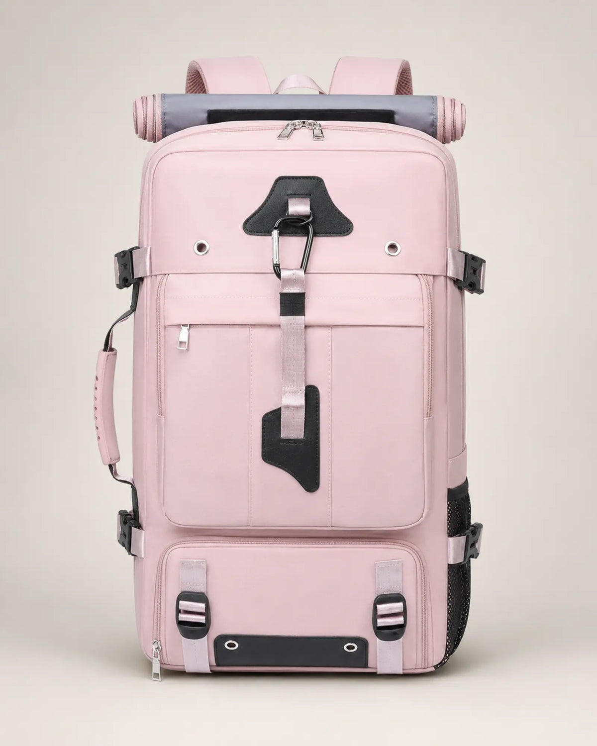 Purple 55L expandable travel backpack, front view with top carry handle