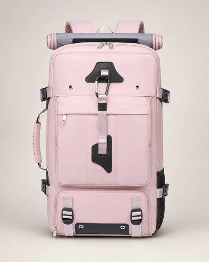 Purple 55L expandable travel backpack, front view with top carry handle