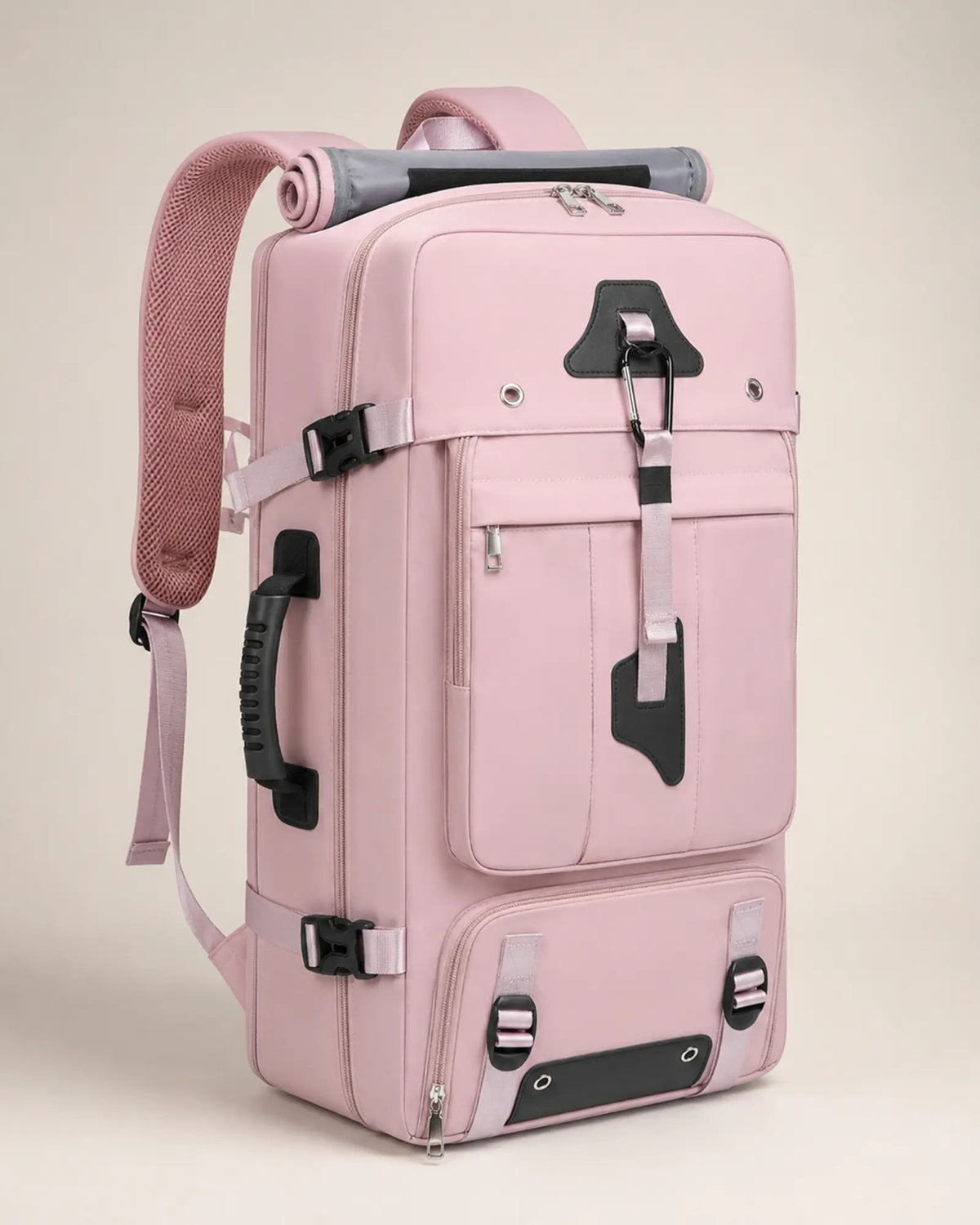 Purple travel backpack, left three-quarter view showing the side carry handle