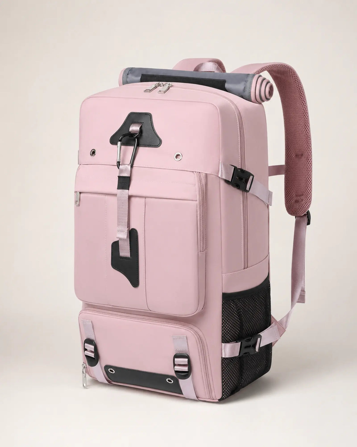 Purple travel backpack, right three-quarter view with mesh water bottle pocket
