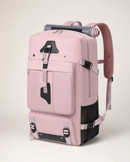 Purple travel backpack, right three-quarter view with mesh water bottle pocket