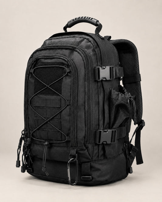 ARWE 65L black tactical MOLLE backpack with waterproof tear-resistant nylon, compression straps and front bungee cord.