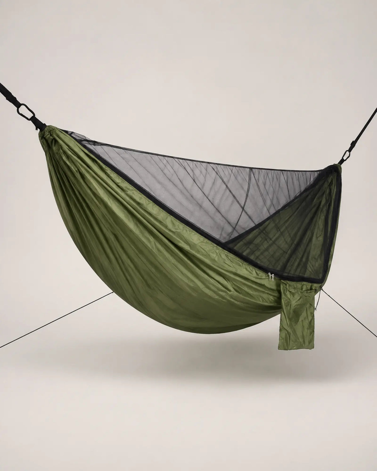 ArmyGreen mosquito-net hammock shown from the right three-quarter angle