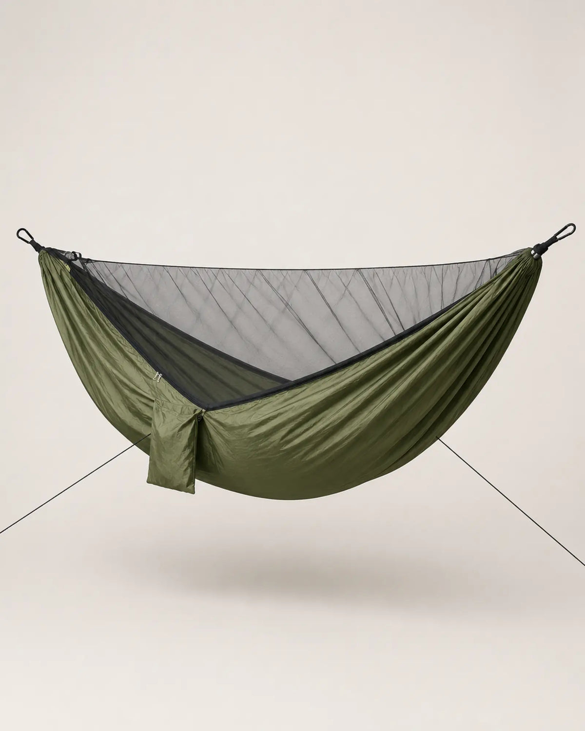 Rear view of the ArmyGreen hammock and full black mosquito net
