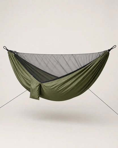 Rear view of the ArmyGreen hammock and full black mosquito net