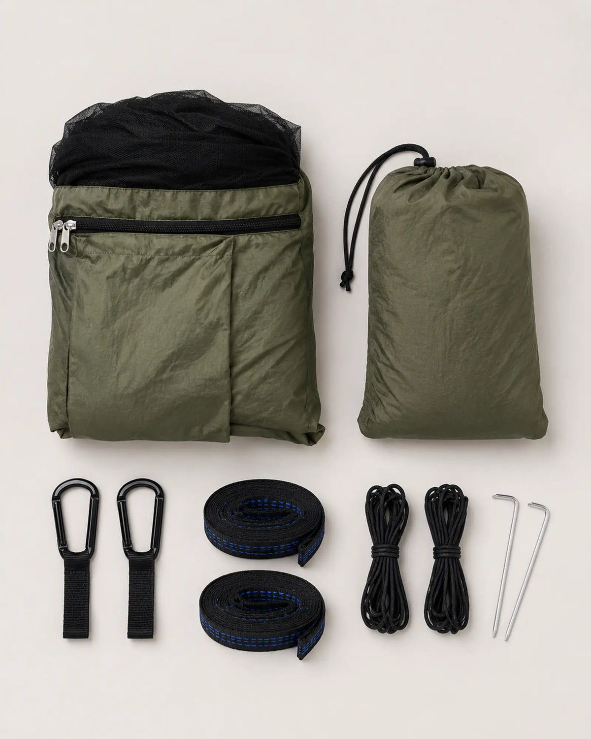 ArmyGreen hammock kit with straps, carabiners, guylines, stakes, and storage sack